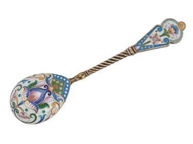 RUSSIAN GILT SILVER CLOISONNE ENAMEL SERVING SPOON