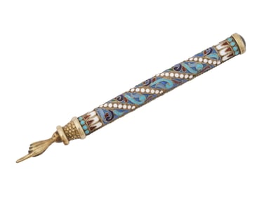 RUSSIAN SILVER ENAMEL JUDAICA TORAH POINTER W GEMSTONE