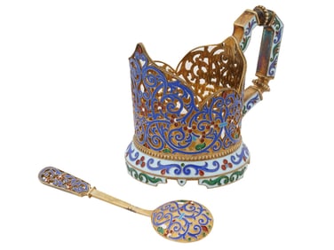 RUSSIAN GILT SILVER ENAMEL GLASS HOLDER AND SPOON