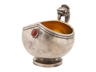 RUSSIAN 88 SILVER KOVSH W GEMSTONE AND FISH FIGURINE