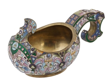 RUSSIAN GILT SILVER CLOISONNE ENAMEL KOVSH LADLE
