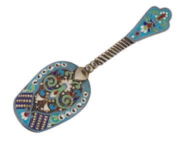 RUSSIAN 84 SILVER CLOISONNE ENAMEL SUGAR SPOON