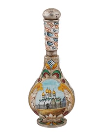 RUSSIAN SILVER ENAMEL PERFUME BOTTLE W MINI PAINTINGS