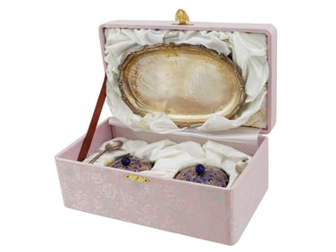 KOREAN 999 SILVER ENAMEL SET DRESSER JARS TRAY SPOONS