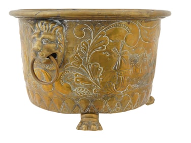 BRASS JARDINIERE WITH LION FACE RING HANDLES
