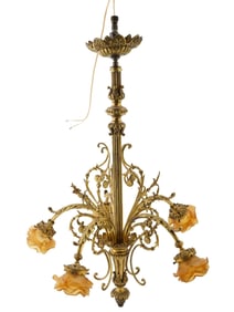 BRONZE CHANDELIER W 5 LIGHTS AND AMBER GLASS SHADES