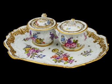 ANTIQUE GERMAN NYMPHENBURG PORCELAIN INKWELL SET
