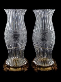 PAIR OF CUT GLASS AND BRONZE HURRICANE SHADES