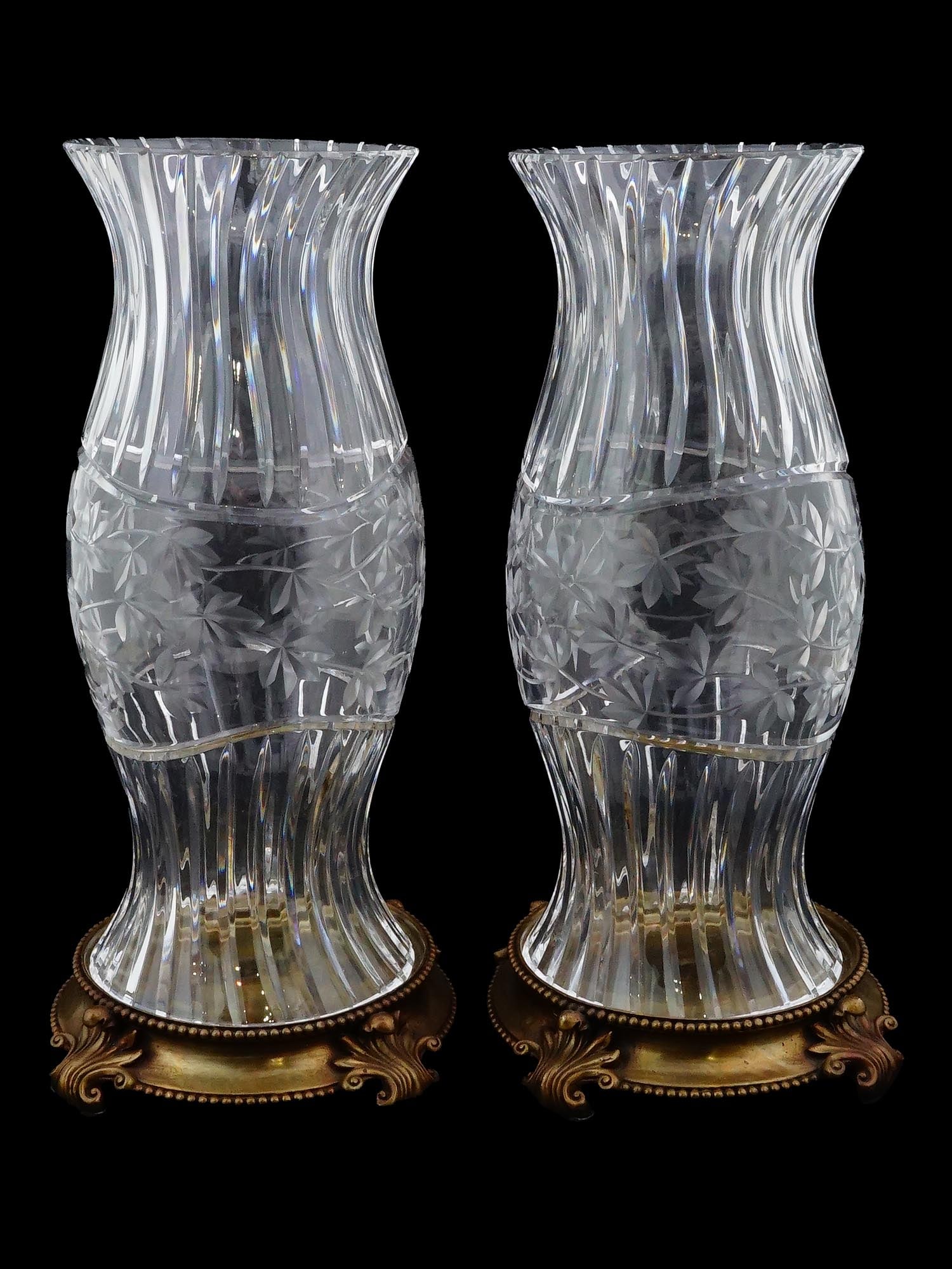 PAIR OF CUT GLASS AND BRONZE HURRICANE SHADES (1 of 10)