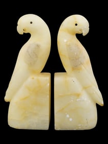 PAIR OF ART DECO CARVED ALABASTER PARROT BOOKENDS