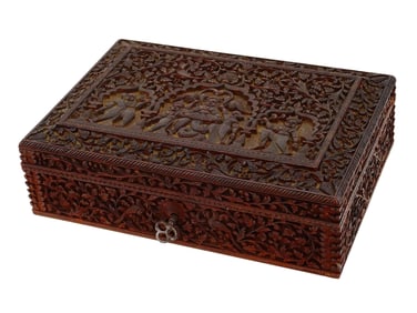 ANTIQUE ANGLO INDIAN CARVED HARDWOOD CASKET W FIGURES