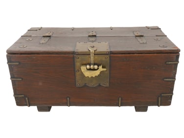 ANTIQUE KOREAN CARVED WOODEN COIN CHEST DONKWE