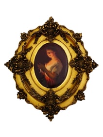 EUROPEAN SCHOOL HAND PAINTED PORCELAIN PLAQUE FRAMED
