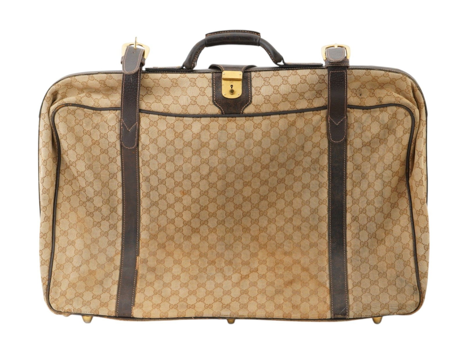 VINTAGE GUCCI BEIGE GG CANVAS TRAVEL BAG: A vintage travel bag or valise by Gucci. Beige GG canvas with stripe and brown pigskin trim. Top handle. Golden fittings with logo. Key-lockable. Belts inside. Vintage Luxury Fashion Accessories, Bags