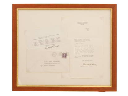 AMERICAN FRAMED LETTERS SIGNED BY PRESIDENT ROOSEVELT: An American framed letters signed by President Franklin D. Roosevelt. The lot include multiple pieces of correspondence: letters and an envelope, some are signed by Franklin D. Roosevelt. The note is