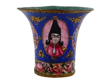 ANTIQUE PERSIAN QAJAR ENAMELED COPPER HOOKAH TOP CUP