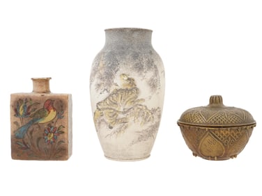 LOT OF ASIAN COPPER BOWL CERAMIC SAKE BOTTLE VASE