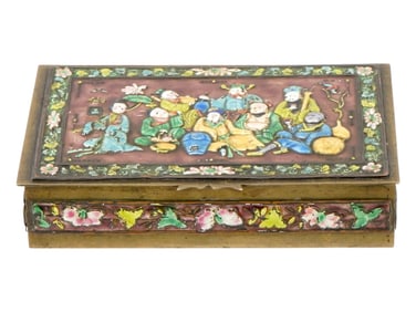 CHINESE SILVER AND BRASS WITH ENAMEL JEWELRY BOX