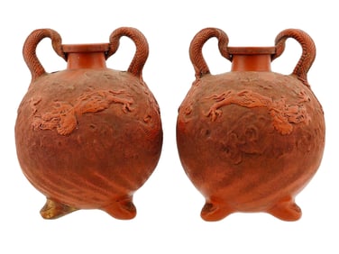 ANTIQUE CHINESE QING RED CLAY DRAGON VASES