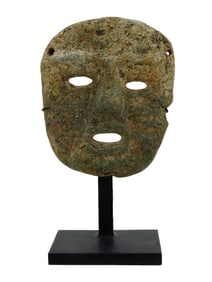 ANCIENT PRE COLUMBIAN MESOAMERICAN JADE MASK ON STAND