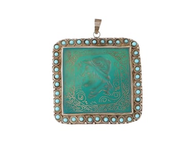 ANCIENT PERSIAN GREEN AGATE SILVER TURQUOISE PENDANT