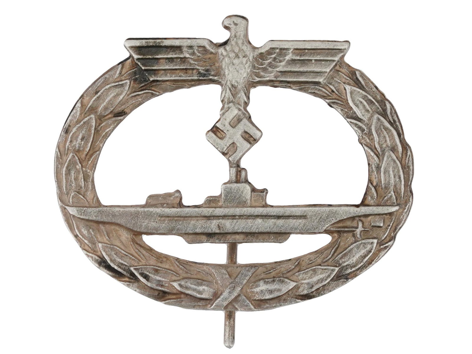 WWII TYPE NAZI GERMAN KRIEGSMARINE U-BOAT BADGE: A World War II model Nazi German military decoration, Kriegsmarine U-Boat badge. Unmarked. Second World War Historical Collectables And Memorabilia, Waffen SS Military Uniform Accessories, Insignia, P