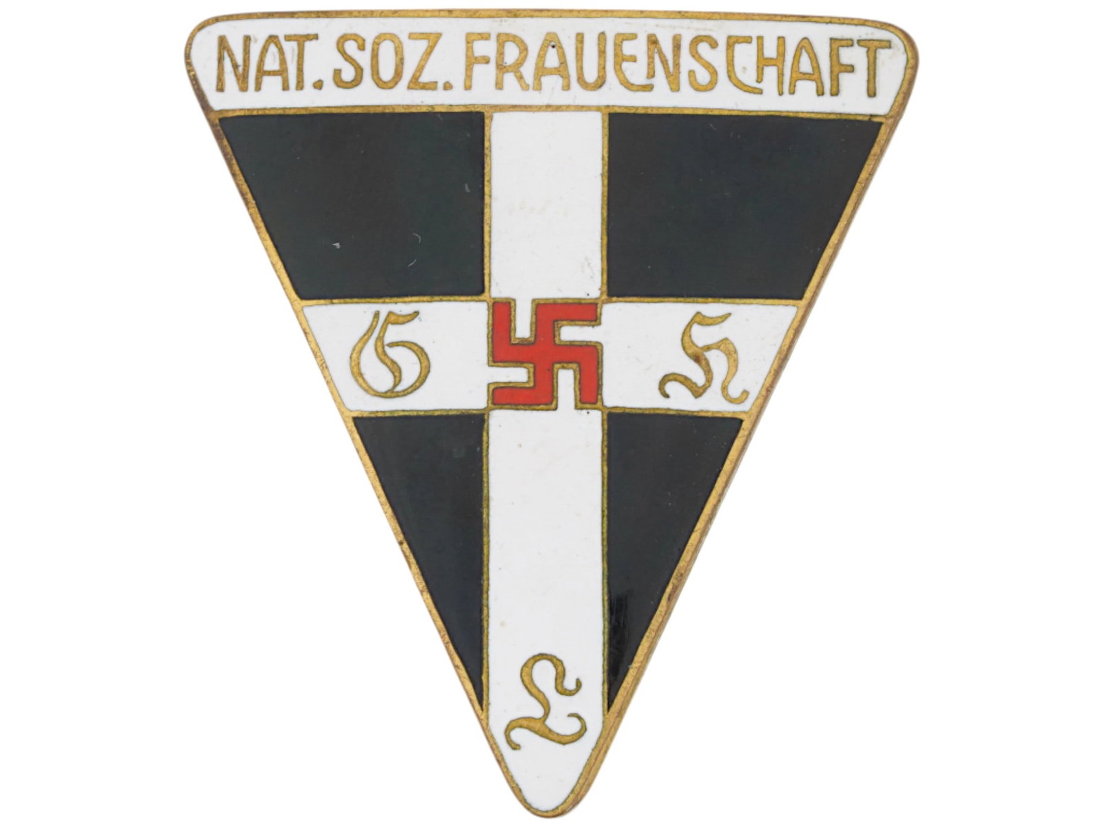 WWII NAZI GERMAN N. S. FRAUNSCHAFT GOLD GRADE PIN BADGE: A WWII Nazi German NSDAP female gold grade pin badge, representing the Nationalsozialistische Frauenschaft National Socialist Womens League. Crafted in the shape of an inverted isosceles triangle, bor