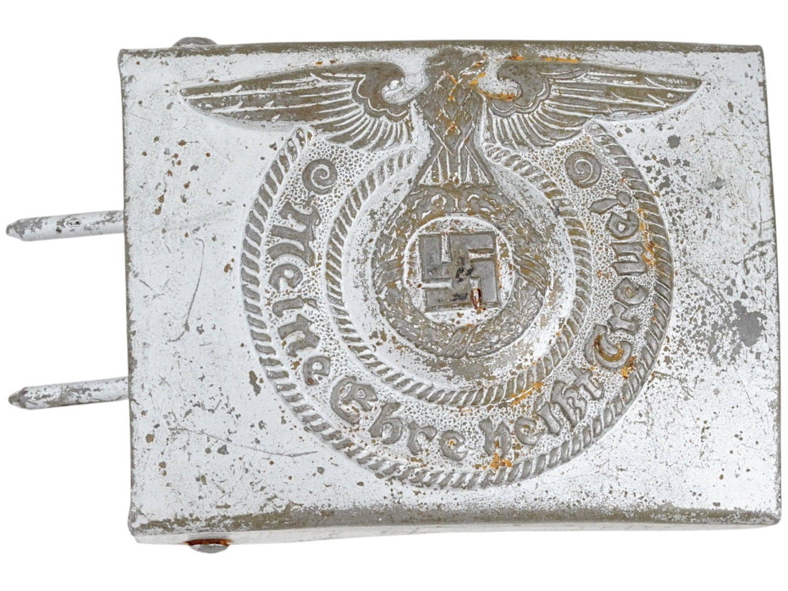 WWII MODEL NAZI GERMAN SS OFFICERS BELT BUCKLE: A World War II type Nazi German SS officers aluminum belt buckle. Square buckle with embossed depictions of the Reichsadler, swastika, and inscription Meine Ehre Heisst Treue, Loyalty is My Honour. Ha