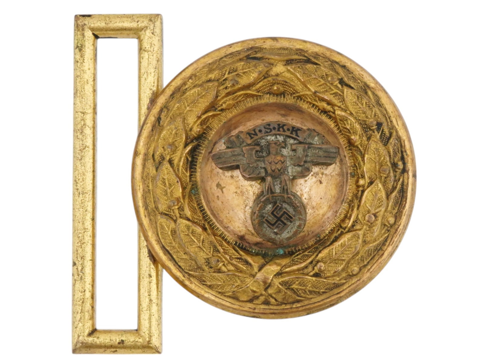 WWII MODEL NAZI GERMAN NSKK BELT BUCKLE: A World War II type Nazi German NSKK golden belt buckle. Marked RZM M-183 on the backside. NSKK stands for Nationalsozialistisches Kraftfahrkorps, the National Socialist Motor Corps, a Nazi Party orga