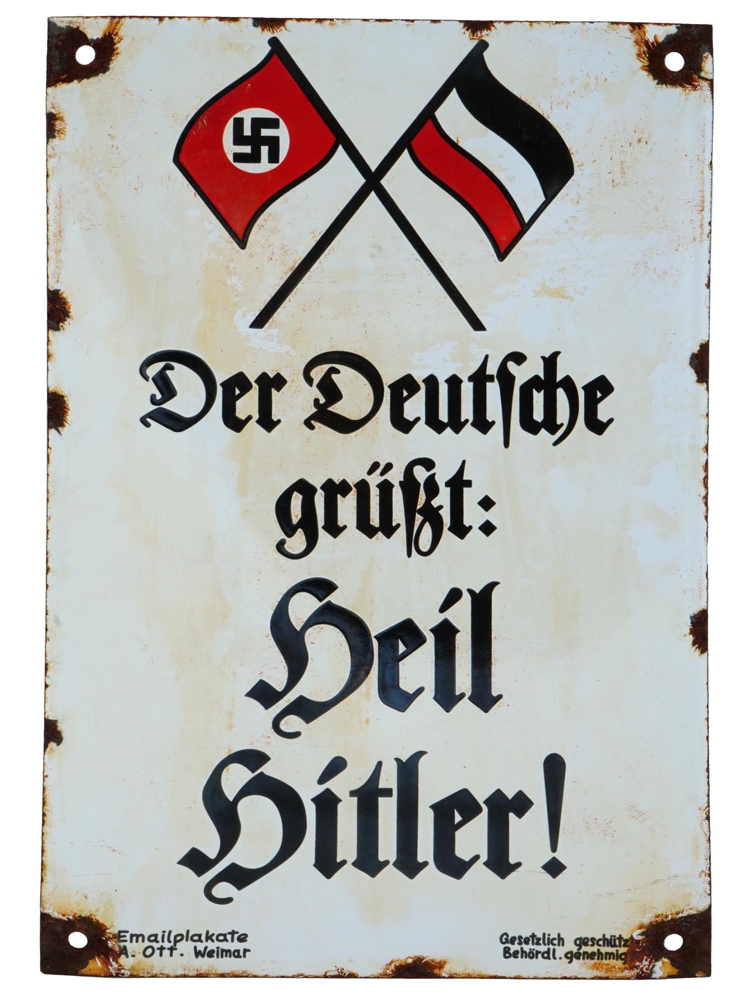 WWII NAZI GERMAN TYPE NSDAP PROPAGANDA STREET SIGN: A World War II Nazi German type enameled iron plate street sign. The sign is enameled with an image of crossed the Third Reich flag and the flag of the German Empire, and inscribed in German, Der Deut