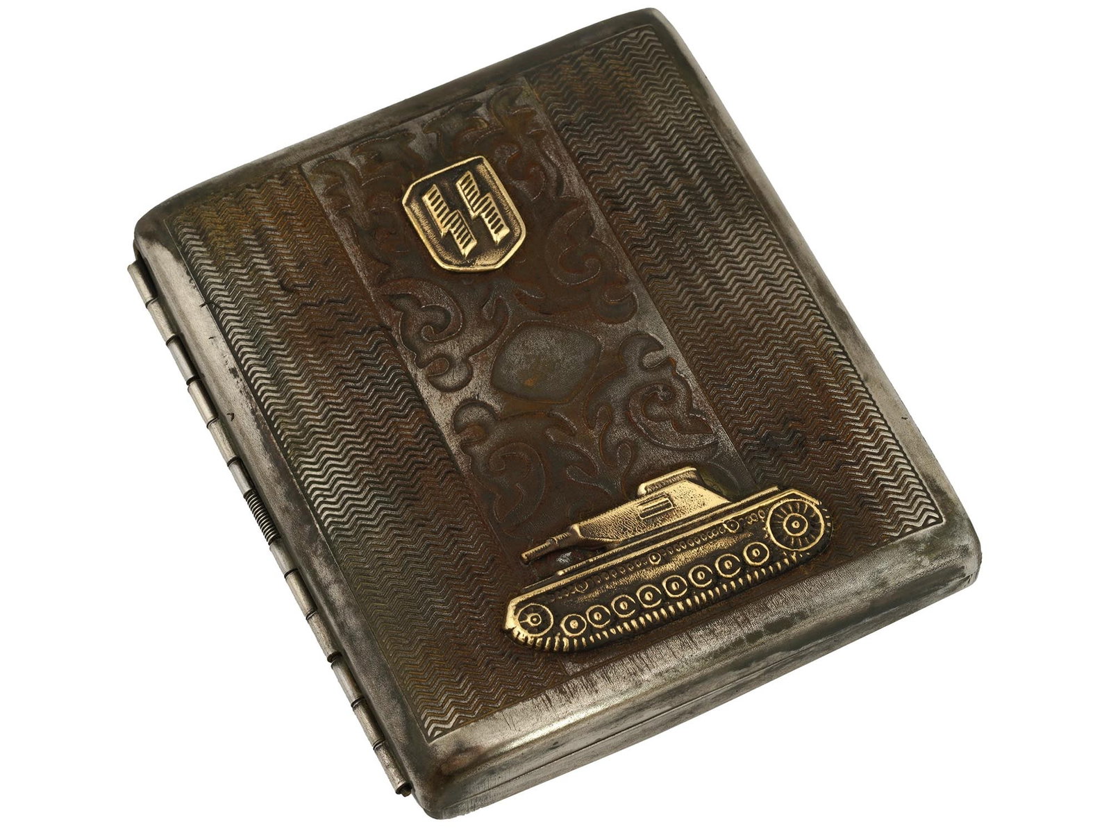 WWII GERMAN WAFFEN SS PANZERGRENADIER CIGARETTE CASE: A WWII Nazi German Waffen SS Panzergrenadier Division cigarette case, adorned with foliage designs on both sides, featuring SS runes and an image of a tank on the front. Hallmarked. Second World War G