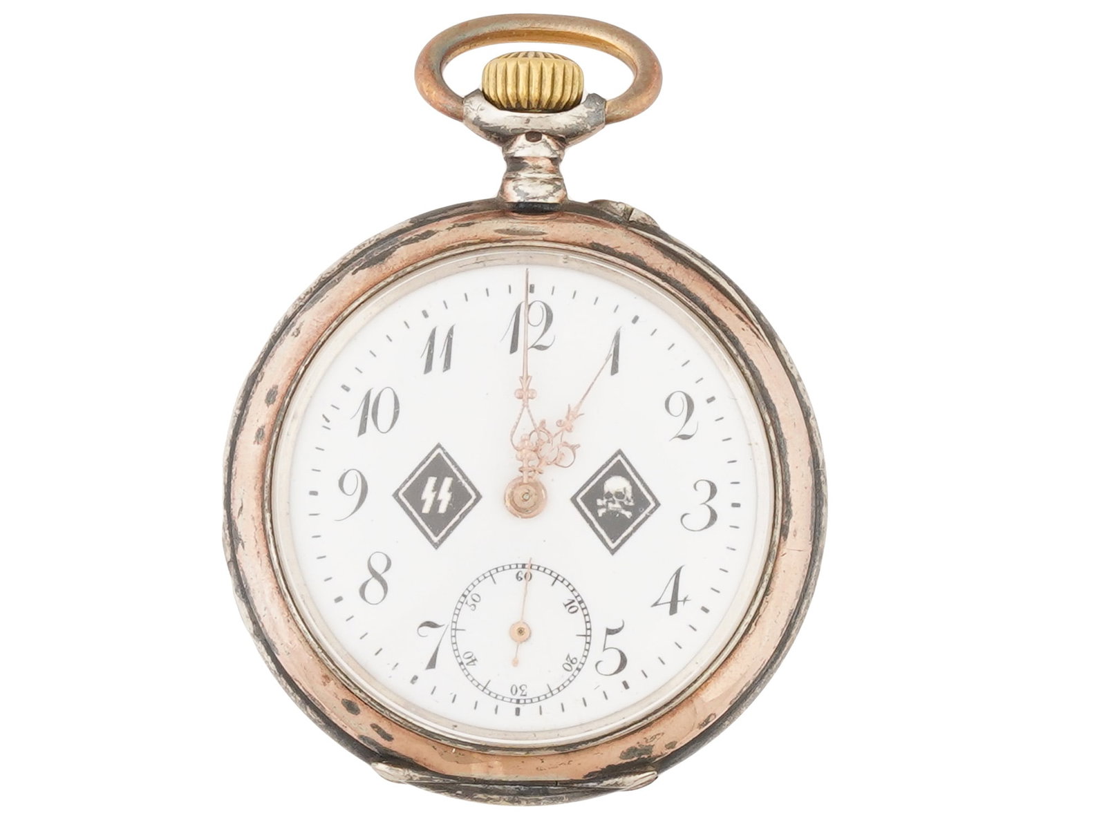 WWII MODEL NAZI GERMAN WAFFEN SS SILVER POCKET WATCH: A WWII Nazi German model Panzer Division Waffen SS 800 Silver pocket watch. A white enameled dial with black Arabic numerals featuring enameled SS runes and Totenkopf skull swastika insignias. The cas