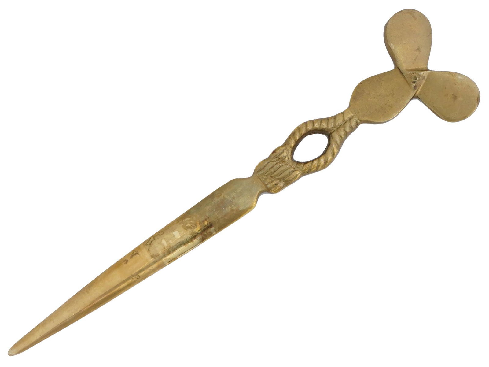 WWII TRENCH ART NAZI GERMAN BRASS LETTER OPENER: A World War II Nazi German trench art letter opener made of brass shell casing. Submarine propeller handle design. Second World War Historical Collectibles And Memorabilia, Militaria, Trench Art.