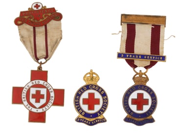 BRITISH RED CROSS SOCIETY GILT ENAMELED BADGES