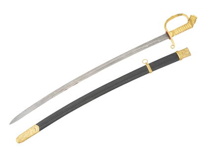 IMPERIAL RUSSIAN ST GEORGE CAVALRY OFFICERS SWORD: An Imperial Russian cavalry officers sword or saber. 1895 model. Curved damascened steel blade with etched ornament, double-headed eagle, and hallmark of the Zlatoust Arms Factory. Gilt brass grip wit