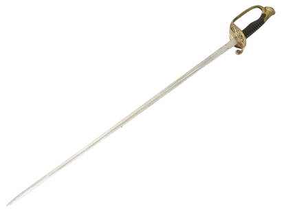 FRENCH 1882 PATTERN INFANTRY OFFICERS SWORD: A French cavalry officers sword or saber. 1882 model, Third Republic. Nickel-plated steel blade with a sharpened tip and a narrow fuller running the majority of the length of each side. The reverse ri