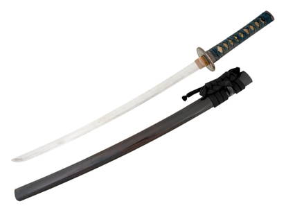 ANTIQUE 17TH CEN JAPANESE WAKIZASHI KATANA SWORD: An antique Japanese Wakizashi sword or a katana with scabbard. Circa the 17th century. Curved, single edged steel blade with a long dark varnished wooden grip and a matching scabbard. Scabbard has twi