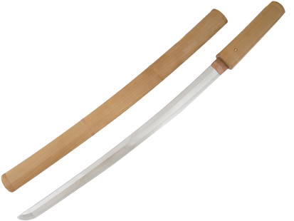 ANTIQUE 18TH C JAPANESE HIZEN TADAYOSHI WAKIZASHI SWORD: An antique Japanese Wakizashi katana sword, signed Hizen Tadayoshi, dating from the 18th century. Curved, single edged steel blade with a long light wooden grip and a matching scabbard. Minimalistic d