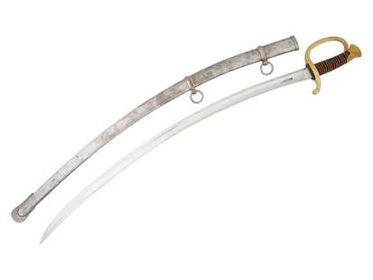 US CIVIL WAR 1864 AMES UNION OFFICERS SWORD SCABBARD: An American Civil War 1864 Ames Union model officers sword. The sword features a curved, polished blade. The blade is securely housed in a metal scabbard, adorned with two rings for attaching to a bel