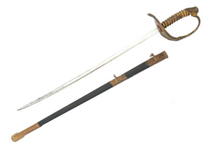 MINIATURE AMERICAN ARMY CAVALRY SWORD LETTER OPENER: A miniature American army cavalry sword, styled as a Civil War letter opener, features a blade with a brass hilt, and a curved hand guard. Comes with a black scabbard, adorned with brass fittings. Let