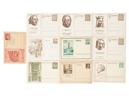 WWII ERA NAZI GERMAN POSTCARDS WITH STAMPS: A lot of WWII era German postcards. A total of 10 items, dated 1932 to 1942, designes include portraits of famous German politicians and writers, patriotic art, cityscapes. Two postcards are stamped.