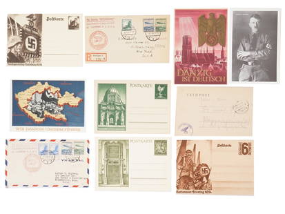 WWII ERA NAZI GERMAN POSTCARDS WITH STAMPS: A lot of WWII era German postcards and envelopes. A total of 10 items, dated 1932 to 1942, designes include Nazi insignia, portrait of Adolf Hitler, patriotic art, cityscapes. Some postcards are stamp