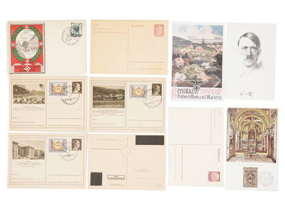 WWII ERA NAZI GERMAN POSTCARDS WITH STAMPS: A lot of WWII era German postcards. A total of 10 items, dated 1943 and later, designes include Nazi insignia, portrait of Adolf Hitler, cityscapes. Some postcards are stamped. Second World War Histor