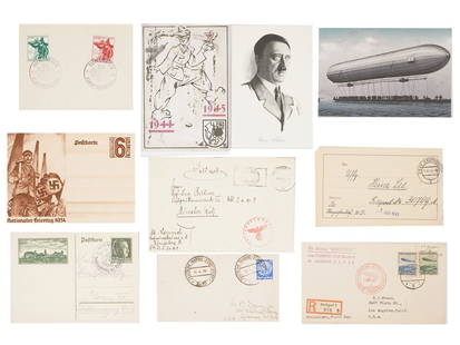 WWII ERA NAZI GERMAN POSTCARDS WITH STAMPS: A lot of WWII era German postcards. A total of 10 items, dated 1934 to 1945, designes include Nazi insignia, portrait of Adolf Hitler, patriotic art, military airship photo. Most postcards are stamped