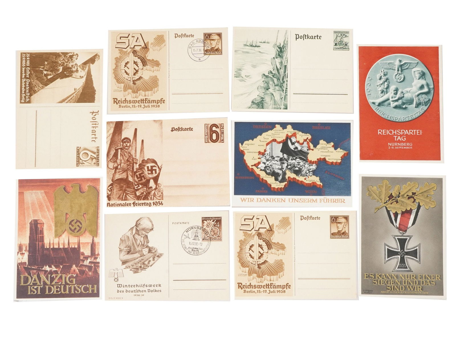 WWII ERA NAZI GERMAN POSTCARDS WITH STAMPS: A lot of WWII era German postcards. A total of 10 items, dated 1938 to 1939, designes include Nazi insignia, military art. Two postcards are stamped. Second World War Historical Relics, German Post, P