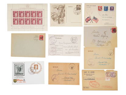 WWII ERA NAZI GERMAN POSTCARDS WITH STAMPS: A lot of WWII era German postcards. A total of 9 items, dated 1941 to 1943, with stamps and handwriting. The lot also includes a full stamp sheet, 1943 Nicolaus Kopernicus anniversary, issued in occup