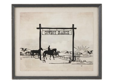 VINTAGE AMERICAN COWBOY RANCH LITHOGRAPH 20TH C
