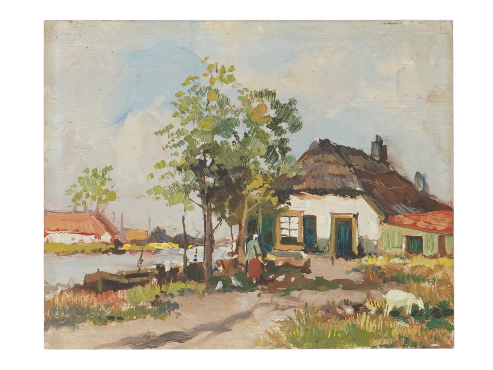 IMPRESSIONIST RURAL LANDSCAPE OIL PAINTING: An oil on board painting depicting a village landscape with a thatched-roof cottage and figures near a dirt road. There is a river visible in the background with other buildings on the opposite bank. 