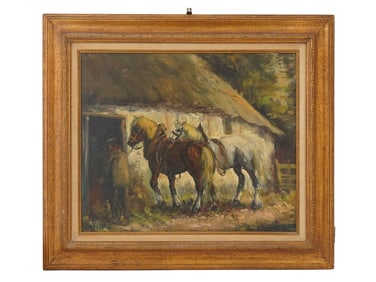 HORSES GENRE SCENE OIL PAINTING SIGNED BY ARTIST