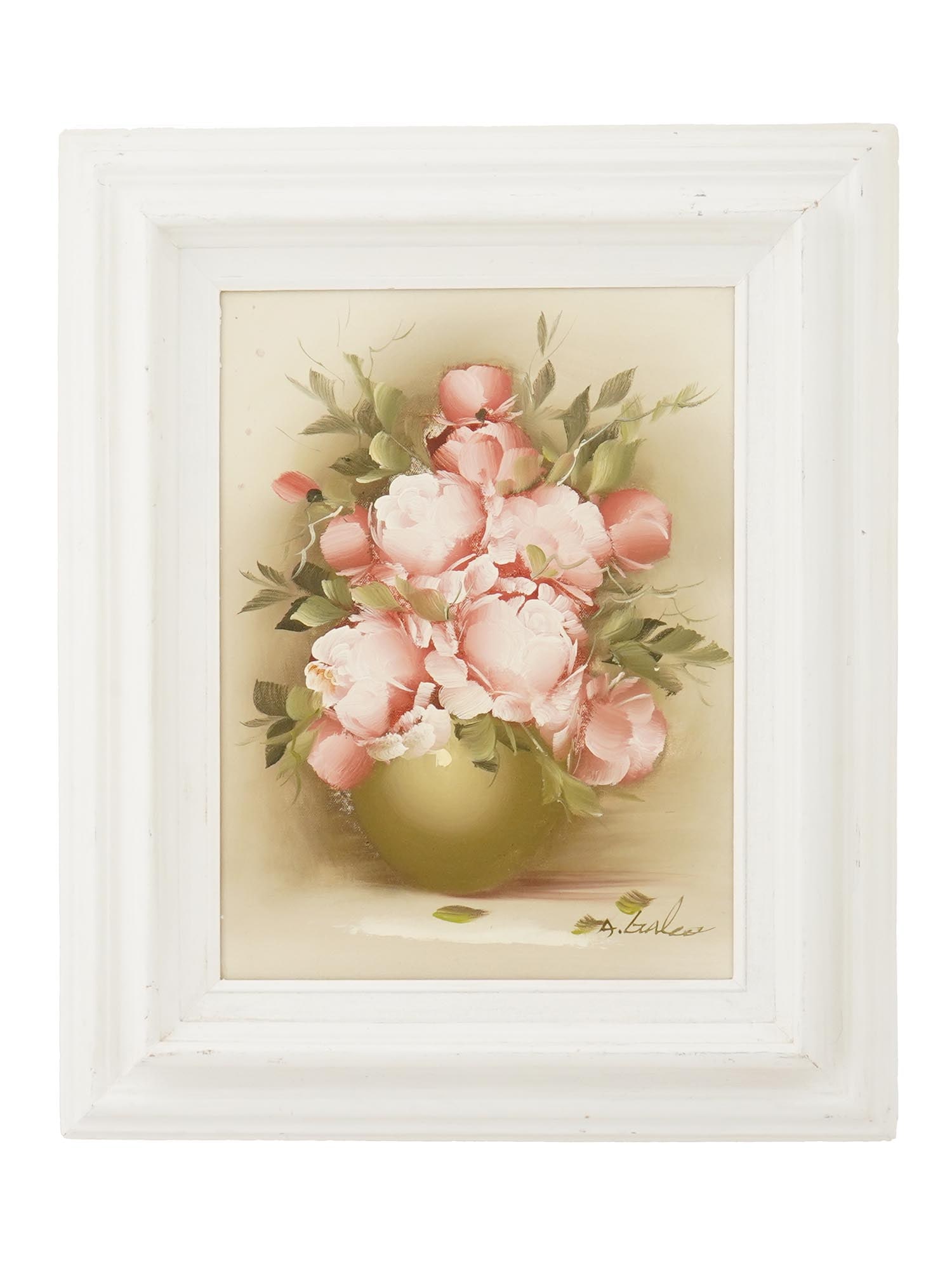 VINTAGE OIL ON CANVAS STILL LIFE PAINTING: A vintage oil on canvas still life painting. The painting depicts a still life with a lush bouquet of peonies in a vase. Illegible signature lower right, presumably A. Braleo. Framed. Modern and Vinta